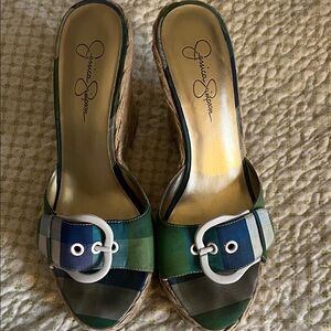 Jessica Simpson Green and Blue Plaid Wedges